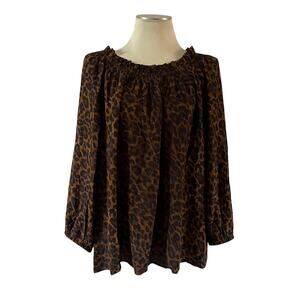 Talbots Cheetah Print Long Sleeve Pleated Neckline Keyhole Blouse Plus Size 2X